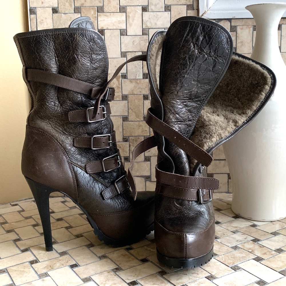 ASH Shearling Lined Antiqued Leather Booties.